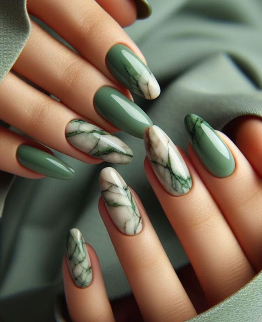 Olive Green Marble Nails