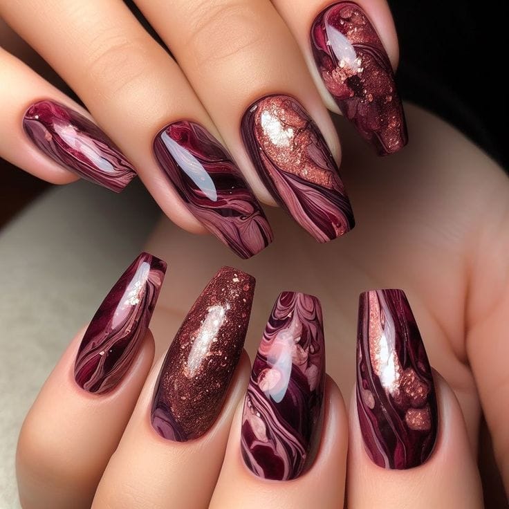 Burgundy Marble Nails