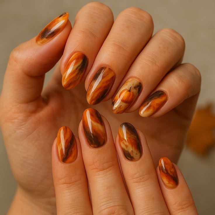 Pumpkin Spice Marble Nails
