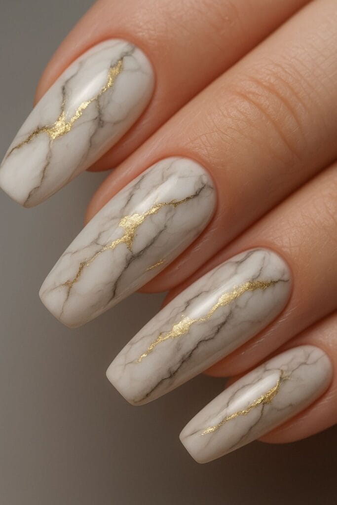 White and Gold Marble Nails