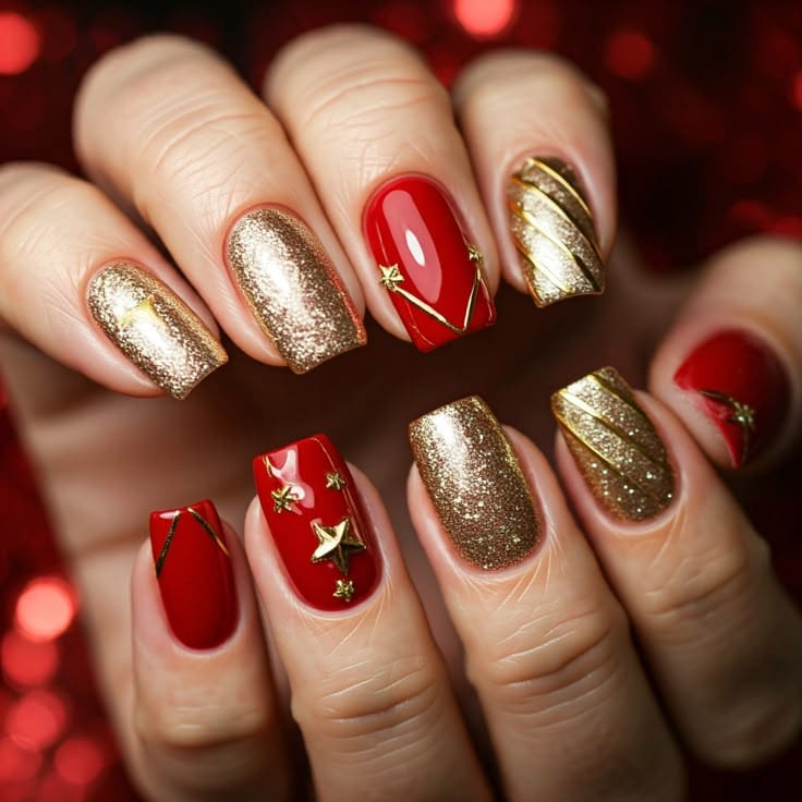 Easy Red & Gold Holiday Nails