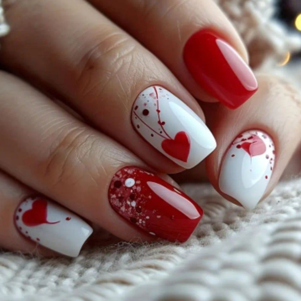 White with Red Details nails
