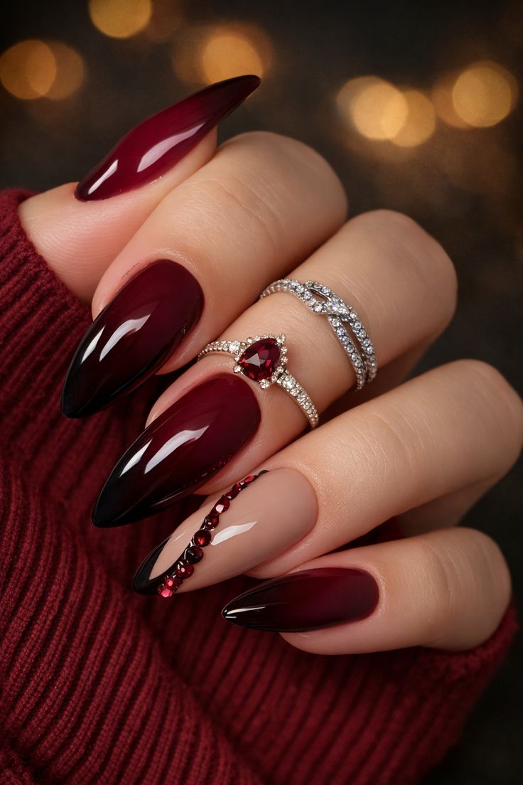 Deep Burgundy with Silver Glitter nails